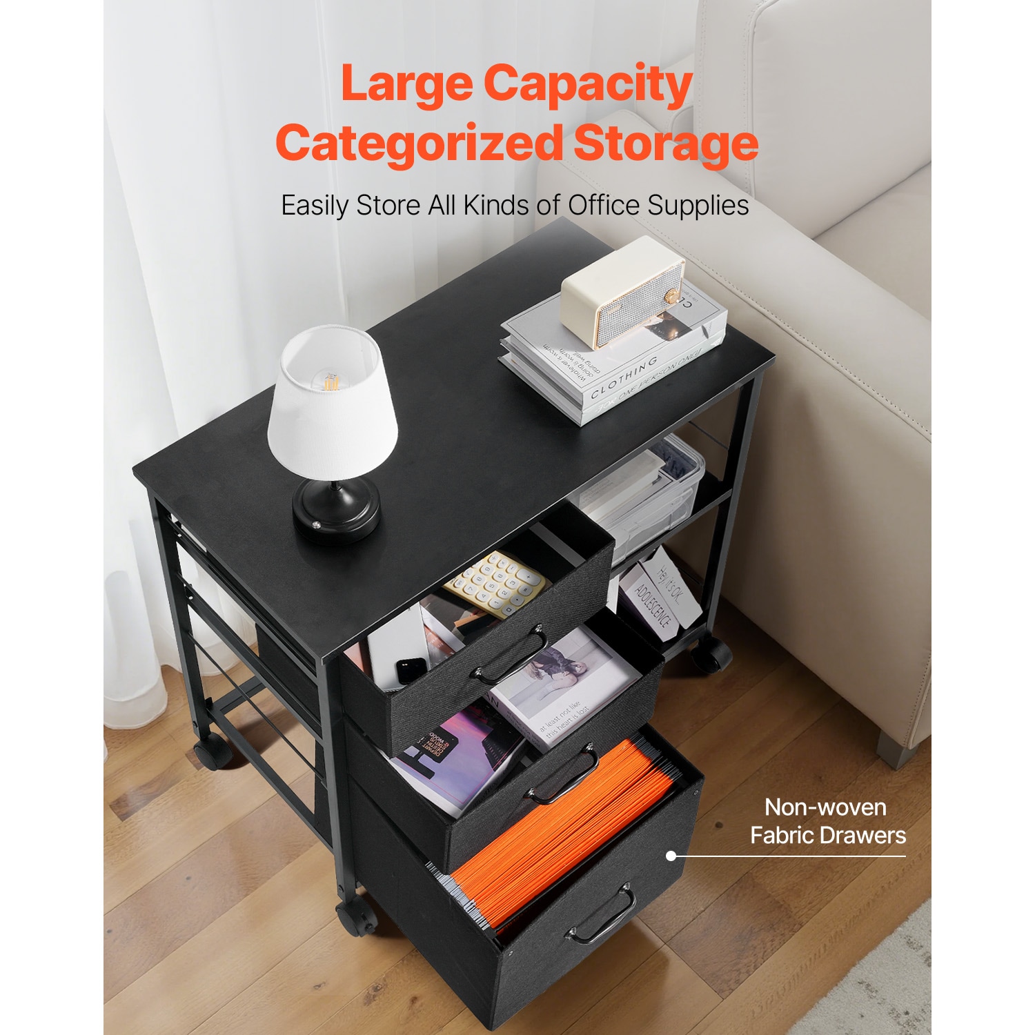 Mobile Metal File Cabinet With 3 Fabric Drawers And 2 Open Shelves Black_maomaolike.com